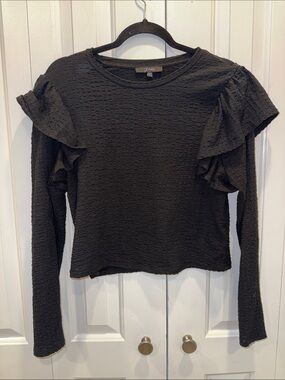 Textured Ruffle-Shoulder Long Sleeve Top - Black